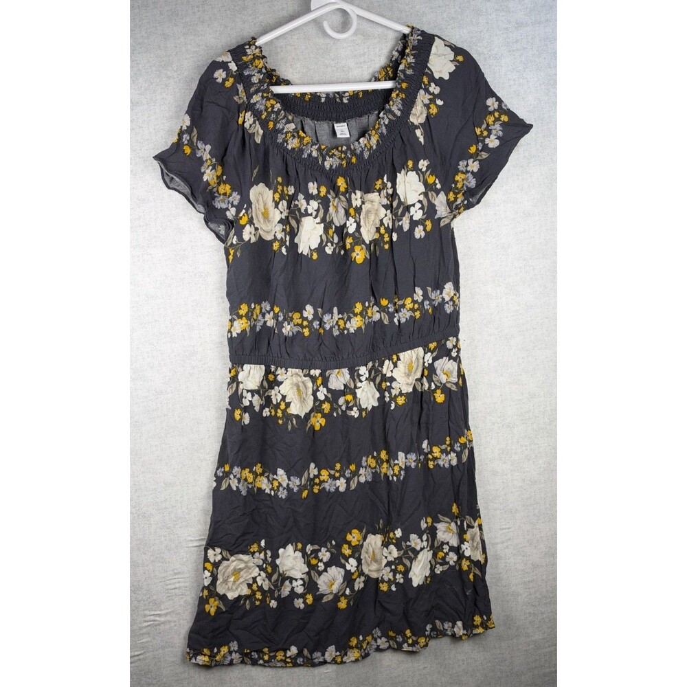 Old Navy Midi Dress Size L Tall Grey W/white Flowers Elastic Waist Smocked Neck